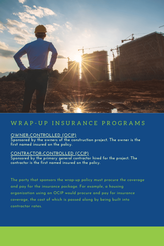 Graphic showing man looking over construction project with definitions of wrap-up insurance programs. 
