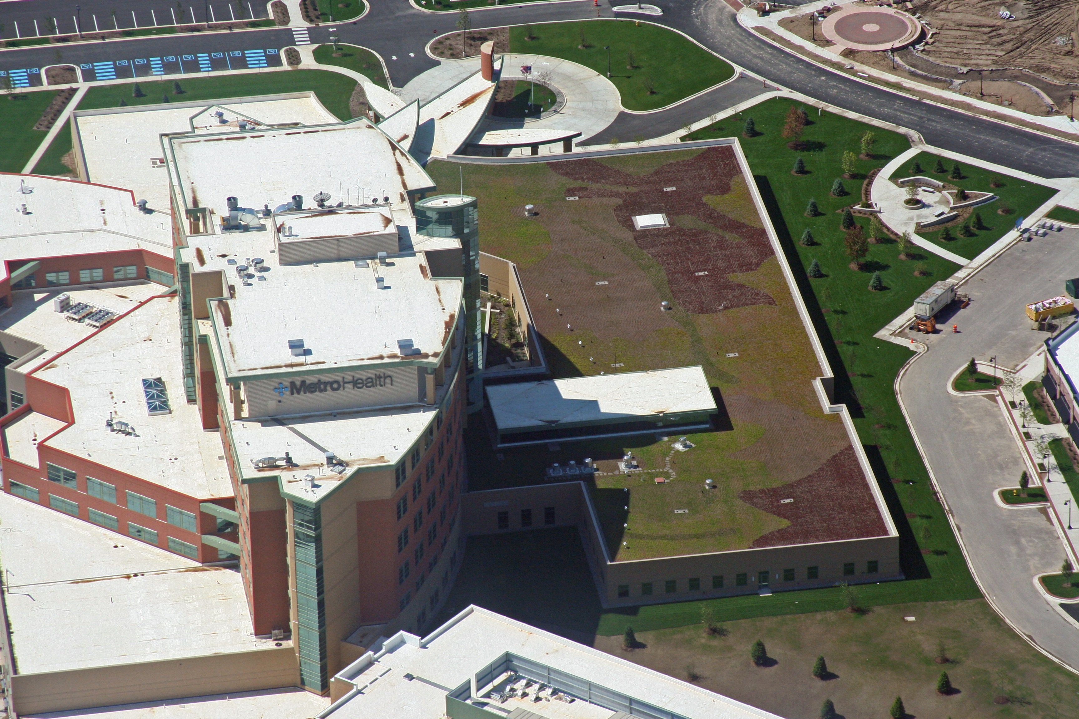 Aerial view of green roof on hospital in Michigan 
