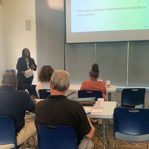 Keva Newsome, HCV director at Suffolk Redevelopment and Housing Authority, shares tips for effectively communicating with residents during HAI Group's Virginia Risk Control Collaborative in August 2023. 