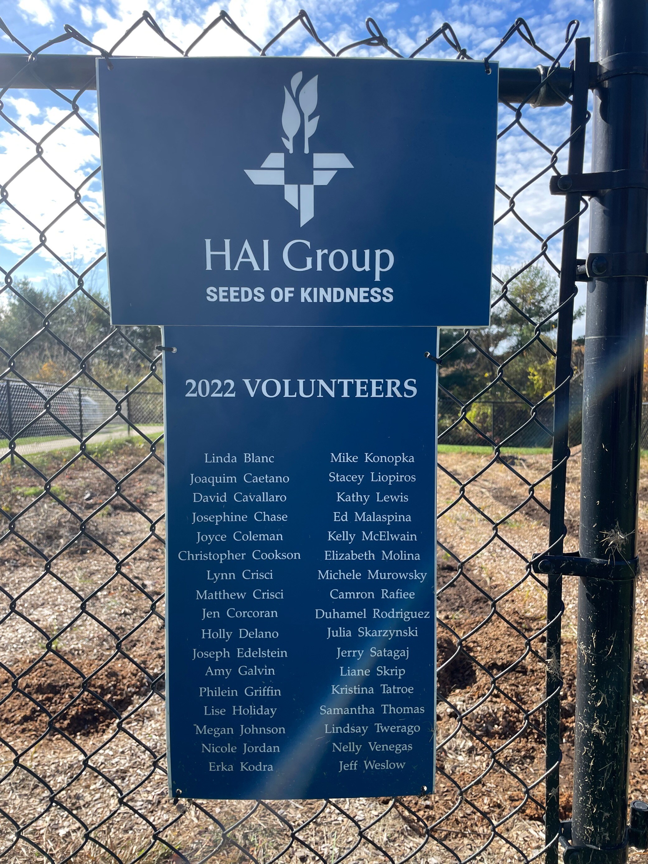 A sign showing the names of HAI Group garden volunteers from 2022